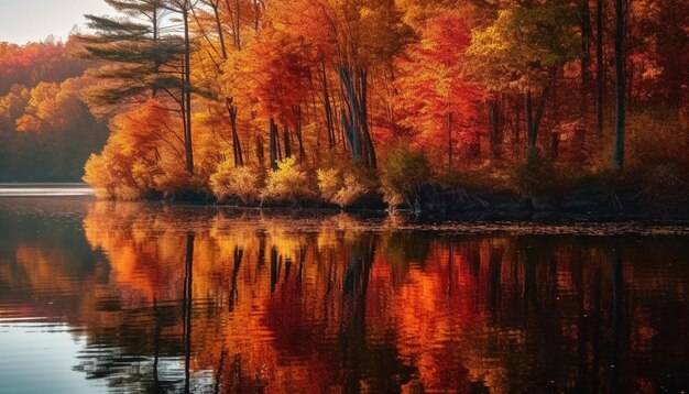 Der ruhige Sonnenaufgang im Herbst spiegelt lebendige Farben auf einem von KI erzeugten, mehrfarbigen Teich wider