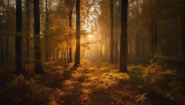 Der sonnenbeschienene Waldweg erstrahlt im Herbst voller lebendiger Geheimnisse und Schönheit, erzeugt durch KI