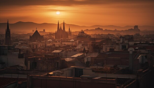 Der Sonnenuntergang beleuchtet die Silhouette der alten Minarette der Stadt, die von der KI generiert wurden