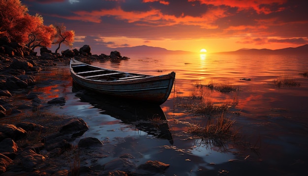 Der Sonnenuntergang über dem ruhigen Segelboot mit Meereslandschaft spiegelt den mehrfarbigen Himmel wider, der durch künstliche Intelligenz erzeugt wurde