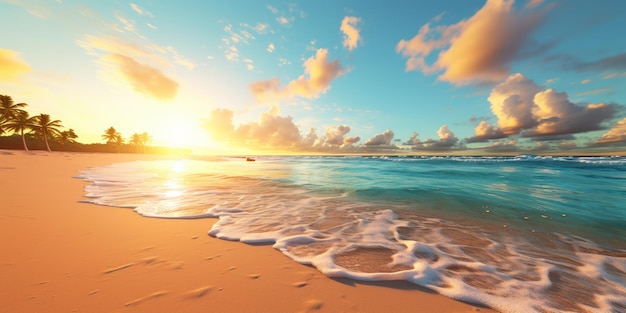 Kostenloses Foto der strand leuchtet mit einem warmen bernsteinfarbenen licht, während die wellen sanft den sand schlagen