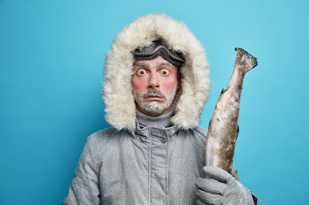 Der verängstigte emotionale Mann hat ein rotes Gesicht, das mit Raureif bedeckt ist. Er geht während der Winterexpedition angeln. Er hält große Fische, trägt eine Jacke und eine Skibrille.