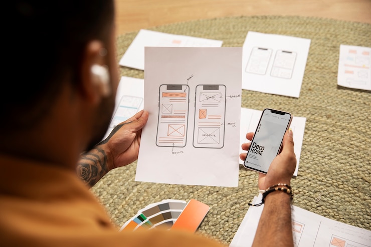 Kostenlose Foto designer des hohen winkels, der smartphone hält
