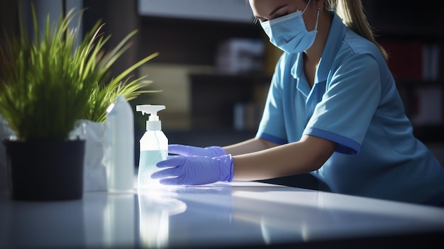 Kostenloses Foto desinfektion eines büroschreibtisches durch professionelles reinigungspersonal mit sprays und tüchern