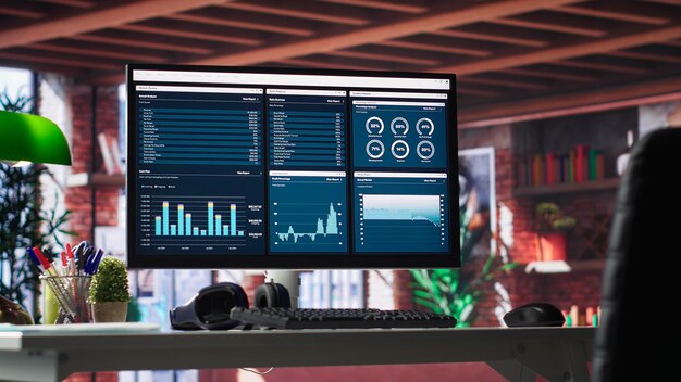 Desktop-PC auf dem Holzschreibtisch zeigt Infografiken und Client-Reach-Daten
