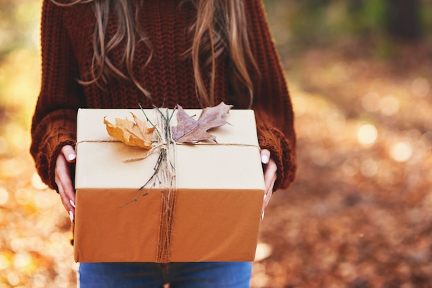 Detail des herbstlichen verpackten Geschenks