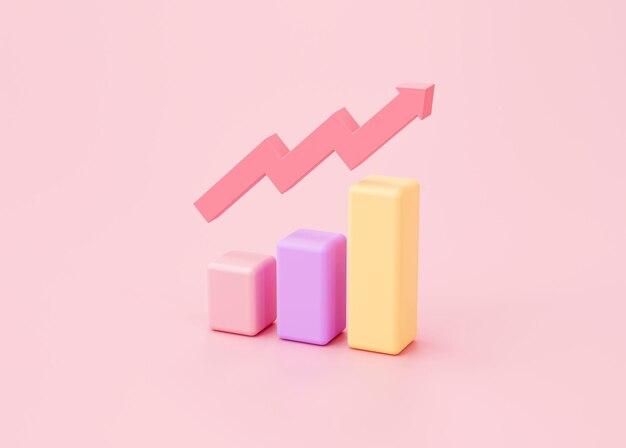 Diagrammplan und wachsende Strategie für das Marketing von Geschäfts- und Finanzkonzepten auf rosafarbenem Hintergrund 3D-Rendering