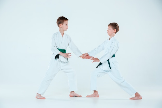 Die beiden Jungen kämpfen beim Aikido-Training in der Kampfsportschule. Gesunder Lebensstil und Sportkonzept