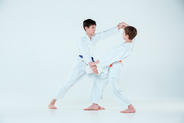 Die beiden Jungen kämpfen beim Aikido-Training in der Kampfsportschule. Gesunder Lebensstil und Sportkonzept