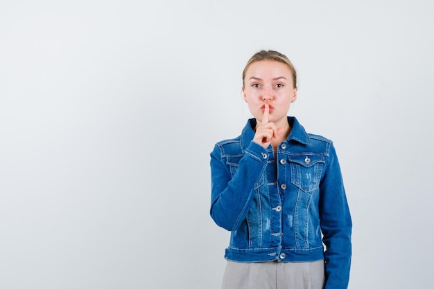 Die blonde Frau zeigt eine stille Geste, indem sie den Zeigefinger auf den Lippen auf weißem Hintergrund hält