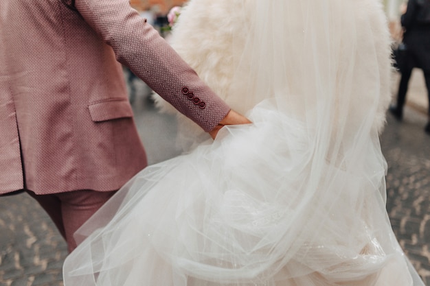 Die Bräute gehen zusammen spazieren, ein festlicher Hochzeitstag