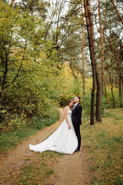 Die Braut und der Bräutigam laufen durch ein Hochzeitsfoto-Shooting im Wald