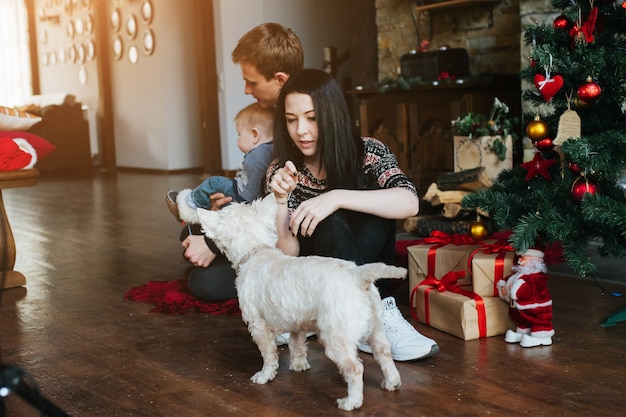 Die Eltern und ein Baby spielt mit dem Hund