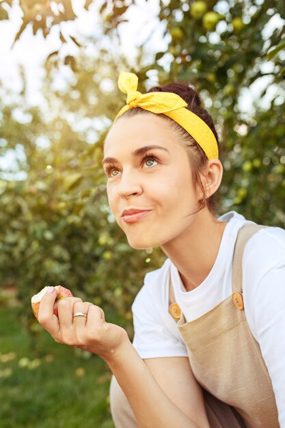 Die Frau beim Apfelpflücken in einem Garten im Freien