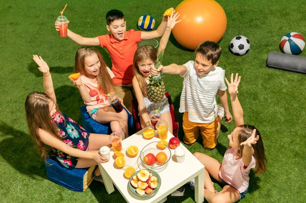 Die Gruppe von jugendlichen Jungen und Mädchen, die auf grünem Gras am Park sitzen