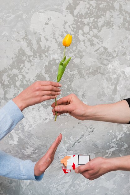 Die Hand der Frau, die gelbe Tulpe annimmt und Tasche der Zigarette vom Mann zurückweist
