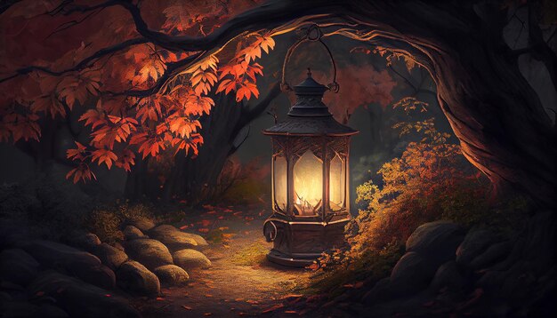 Die Herbstnacht beleuchtet einen gruseligen Wald mit einer von KI erzeugten Laternenflamme