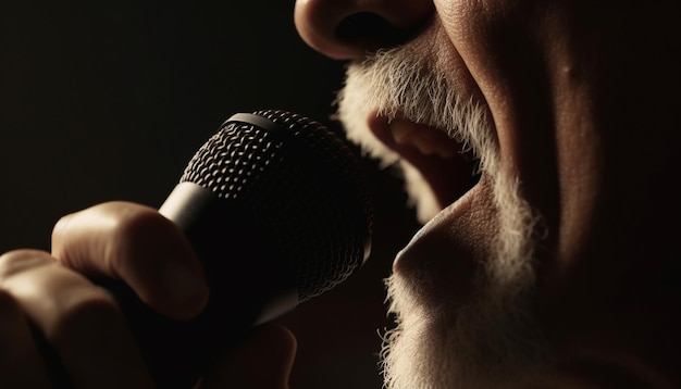 Die Leidenschaft eines Mannes auf der Bühne mit Mikrofon in der Hand, generiert von KI
