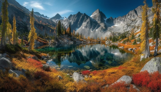 Die majestätische Bergkette spiegelt die ruhige, von KI erzeugte Herbstschönheit wider