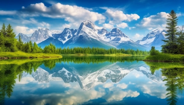 Die majestätische Bergkette spiegelt in ruhigem Wasser die natürliche Schönheit wider, die von KI geschaffen wurde
