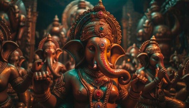 Die mehrfarbige Elefantenstatue symbolisiert die Spiritualität und Schönheit des Hinduismus, die von der KI erzeugt wird