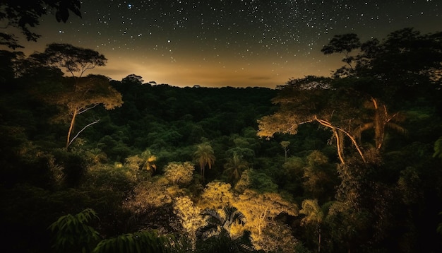 Die Milchstraße beleuchtet einen ruhigen Wald in der Abenddämmerung, der von KI generiert wird