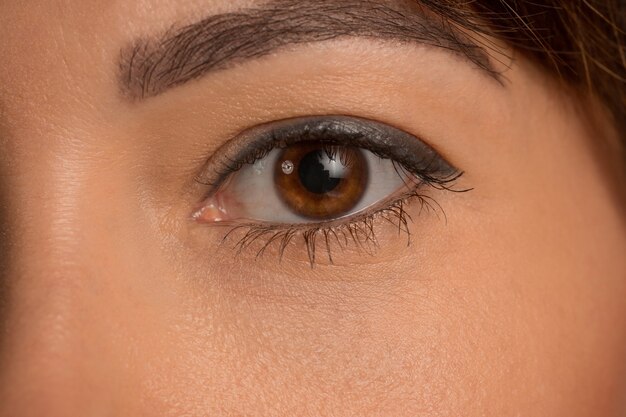 Die Nahaufnahme Braune Augen auf Gesicht des jungen schönen kaukasischen Mädchens