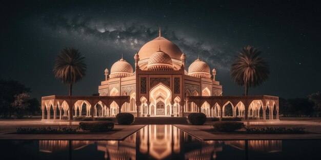 Die schöne ruhige Moschee in der Nacht im gesegneten Monat Ramadan die beleuchtete generative Ai