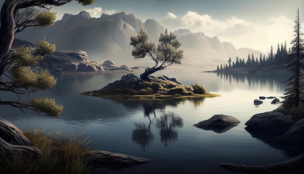 Die Schönheit der Natur spiegelt sich in der generativen KI des ruhigen Bergsees wider