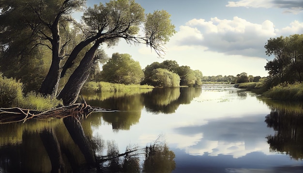 Die Schönheit der Natur spiegelt sich in einem ruhigen, von KI erzeugten Waldteich wider