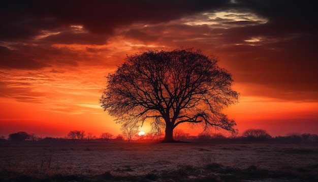 Kostenloses Foto die silhouette eines goldenen akazienbaums spiegelt den ruhigen sonnenuntergang wider, der von der ki erzeugt wird