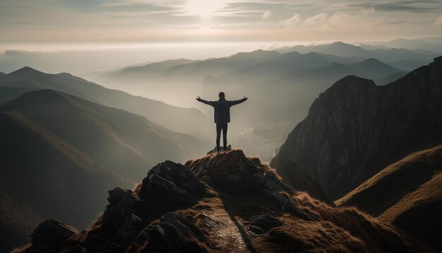 Die Silhouette steht siegreich auf dem Gipfel, der von der KI generiert wird