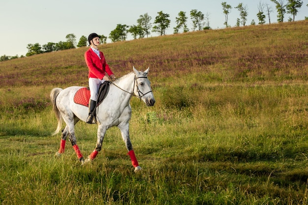 Die Sportlerin auf einem Pferd. Die Reiterin auf einem roten Pferd. Reitsport. Pferde-Reiten. Rennen. Reiter auf einem Pferd.