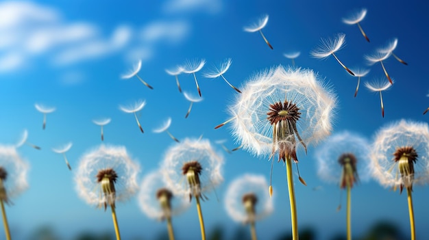 Kostenloses Foto die zarten samen der löwenzahn, die bereit sind zu fliegen, zeichnen sich vor einem weichen blauen hintergrund aus