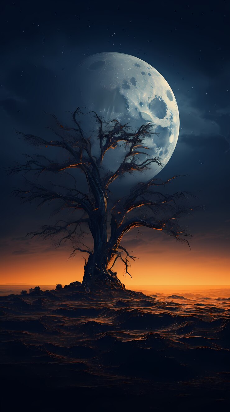 Digitale Kunst-Mond- und Baumtapete