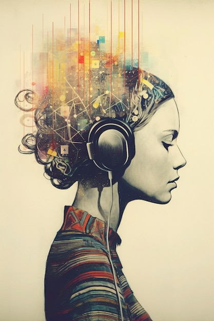 Kostenloses Foto digitales kunstporträt einer person, die musik mit kopfhörern hört