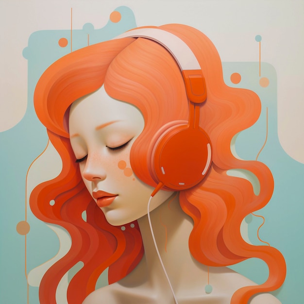 Digitales Kunstporträt einer Person, die Musik mit Kopfhörern hört