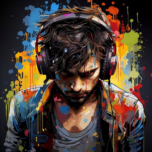 Digitales Kunstporträt einer Person, die Musik mit Kopfhörern hört
