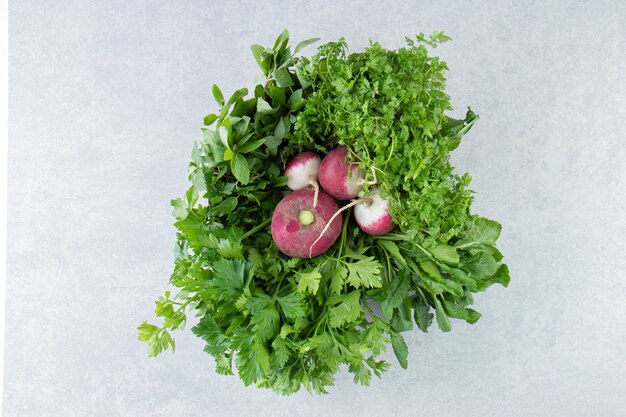 Dill-Petersilie und Rettich auf der Schüssel, auf dem Marmor.