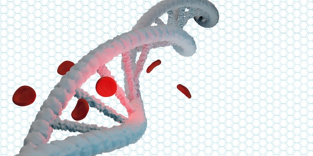 Dna-helix lebensstruktur und rote blutkörperchen 3d-darstellung