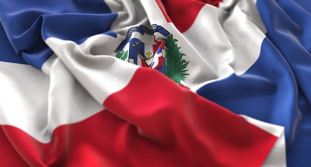 Dominikanische Republik Flagge gekräuselt Winken Makro Nahaufnahme Schuss