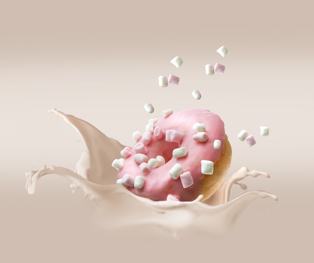 Donut fiel in sahne mit spritzwasser und fliegenden marshmallows