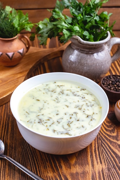 Dovga traditionelle Suppe mit Gemüse und Seitenansicht des einfachen Joghurts