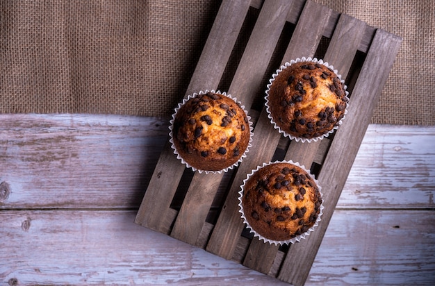 Draufsicht auf die frisch gebackenen Cupcakes mit Schokoladenstückchen auf einem Holztablett wooden