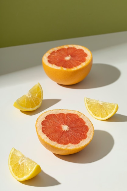 Draufsicht auf eine geschnittene Orange und eine Grapefruit