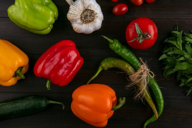 Draufsicht auf farbige Paprika mit Chili-Pfeffer Knoblauch ein Bündel Minze und Tomaten auf einer Holzoberfläche