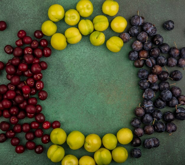 Draufsicht auf frische Früchte wie rote Kirschgrün-Kirschpflaumen und dunkelviolette Schlehen auf einem grünen Hintergrund mit Kopienraum