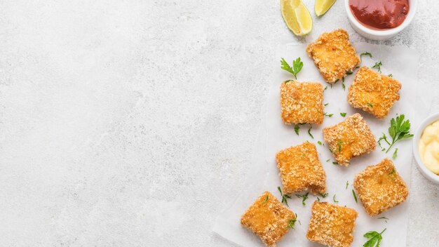 Draufsicht auf gebratene Hühnernuggets mit Saucen und Kopierraum