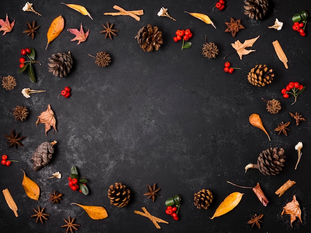 Kostenloses Foto draufsicht auf herbstelemente mit tannenzapfen und blättern