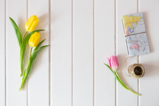 Draufsicht auf hölzernen Oberfläche mit Tulpen, Weltkarte und Seil